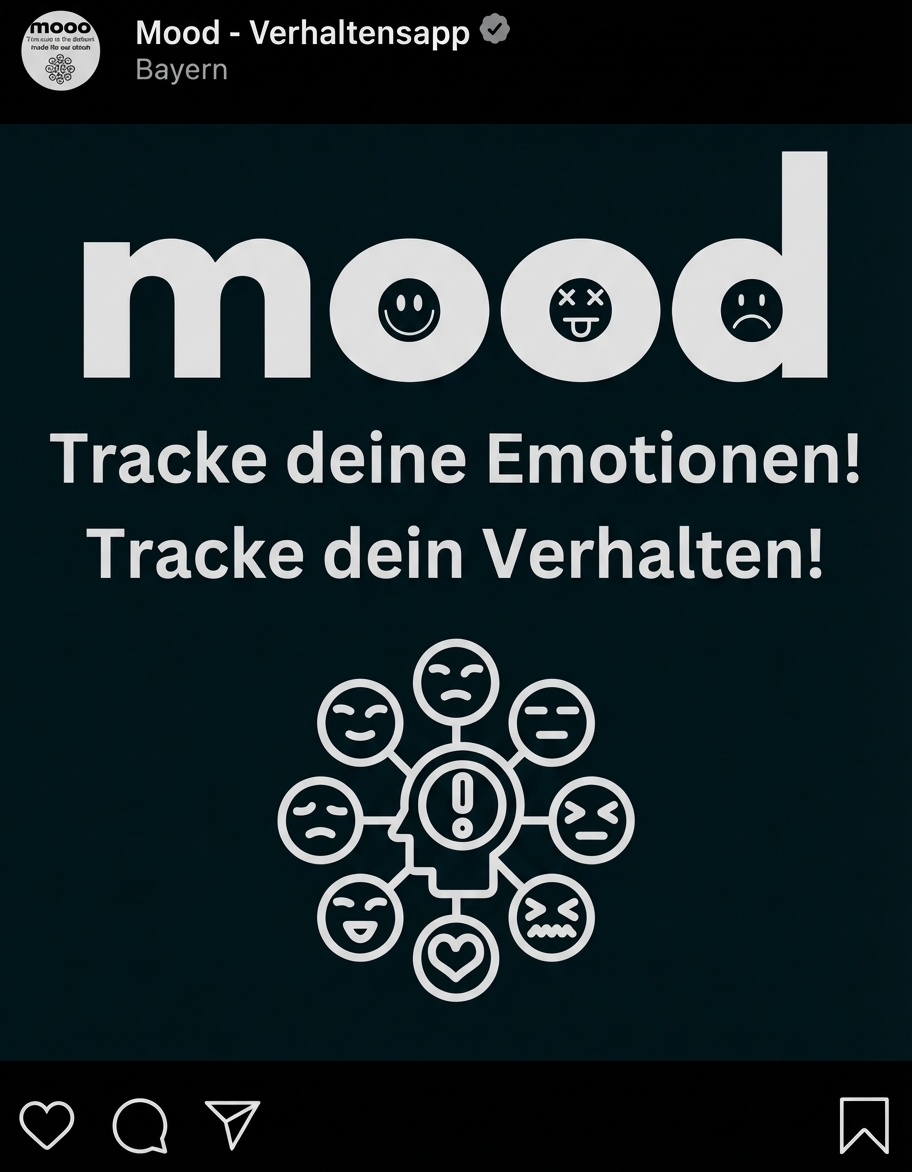 Plakat mit Schriftzug 'mood', Slogan "Tracke deine Emotionen! Tracke dein Verhalten!" und Emoticon-Netzwerk.